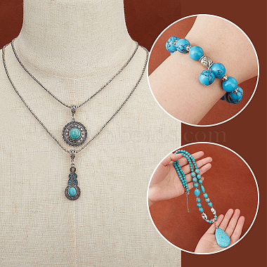 PandaHall Elite Synthetic Turquoise Pendant Necklace & Stretch Bracelets & Dangle Earrings & Ring Jewelry Sets(SJEW-PH0001-13)-3