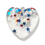 Independence Day Transparent Resin Pendants, with Paillettes & Platinum Plated Iron Loops, Colorful, Heart, 29.5x28x6.5mm, Hole: 2mm(RESI-U007-01B)