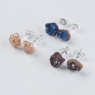 Brass Ear Stud Components, with Natural Druzy Agate, Nuggets, Silver Color Plated, Mixed Color, 6~9x5~8.5x3~7mm, Pin: 0.7mm(EJEW-E222-C-S)