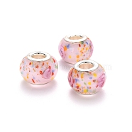 Handmade Lampwork European Beads, Large Hole Rondelle Beads, with Platinum Tone Brass Double Cores, Colorful, 14~15x9~10mm, Hole: 5mm(LPDL-N001-022)