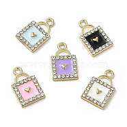 Alloy Enamel Pendants, with Crystal Rhinestone, Padlock with Heart Charms, Golden, Mixed Color, 18x11.5x2.5mm, Hole: 1.8mm(ENAM-B050-05G)