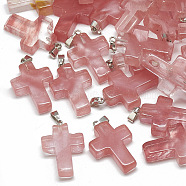 Cherry Quartz Glass Pendants, with Stainless Steel Snap On Bails, Cross, 29~30x18~19x5~6mm, Hole: 6x4mm(X-G-T080-17)