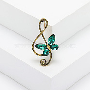 Alloy Rhinestone Safety Pin Brooch, Musical Note with Butterfly, Emerald, 44x23mm(PW23101832967)