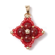 Natural Carnelian(Dyed & Heated) & Glass Seed Beaded Woven Pendants, Star Charms with 304 Stainless Steel Snap on Bails, Golden, 25x25x6mm, Hole: 6.5x3mm(PALLOY-MZ00365-03)