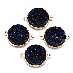 Natural Druzy Agate Links Connectors, with Light Gold Brass Findings, AB Color Plated, Dyed, Flat Round, Dark Blue, 24x18x6.5~7.5mm, Hole: 1.8mm(G-T131-86E)