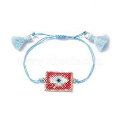 Handmade Japanese Seed Rectangle Braided Bead Bracelets, Tassel Charm Bracelet for Women, Evil Eye Pattern, Pendant: 33x21x1.5mm, Maximum Inner Diameter: 3-1/2 inch(9cm)(BJEW-MZ00022-03)