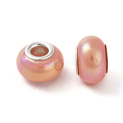 Resin European Beads, Large Hole Beads, Imitation Porcelain, with Platinum Plated Brass Core, Rondelle, Coral, 13.5x8.5mm, Hole: 4.5mm(RPDL-P004-A06)