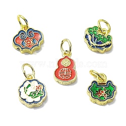 Rack Plating Brass Enamel Pendants, with Jump Ring, Long-Lasting Plated, Lead Free & Cadmium Free, Real 18K Gold Plated, Gourd & Auspicious Cloud Lock & Flower, Mixed Color, 8~11x6~9.5x2~2.5mm, Hole: 3.4mm(KK-M282-06G)