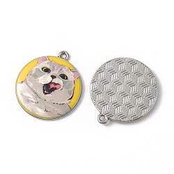 Printed Alloy Pendants, Platinum, Flat Round with Cat Charm, Yellow, 28x25x3mm, Hole: 1.8mm(ENAM-P246-03P-03)