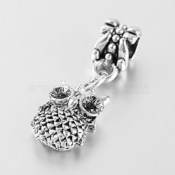 Antique Silver Tone Large Hole Alloy Rhinestone European Dangle Charms, with Owl Charms, Jet, 25mm, Hole: 5mm(MPDL-E034-02AS)