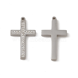 201 Stainless Steel Pendants, with Rhinestone, Cross Charm, Stainless Steel Color, 21x11.5x2mm, Hole: 1mm(STAS-J401-VC642)