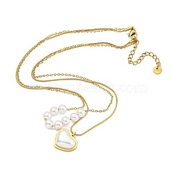 Ion Plating(IP) 201 Stainless Steel Double Layer Necklaces, Plastic Pearl Heart Pendant Necklaces for Women, Golden, 15.94 inch(40.5cm)(NJEW-K270-15G)