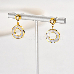 Cubic Zirconia Donut Dangle Stud Earrings, 304 Stainless Steel Earrings, Real 18K Gold Plated, 23x13mm(NH4913)