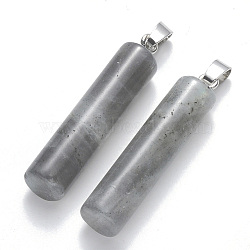 Natural Labradorite Pendants, with Platinum Tone Iron Pinch Bail, Column, 43~46x10mm, Hole: 4x7mm(G-R456-01)