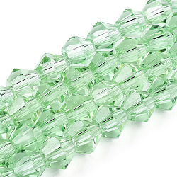 Imitation Austrian Crystal 5301 Bicone Beads, Faceted Glass Beads Strands, Light Green, 6x6mm, Hole: 1.2mm, about 47~48pcs/strand, 10.24 inch~10.43 inch(26~26.5cm)(GLAA-S026-6mm-16)