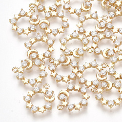 Brass Cubic Zirconia Charms, Star and Moon, Clear, Real 18K Gold Plated, 12.5x10.5x2.5mm, Hole: 0.8mm(X-KK-S348-310)