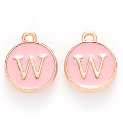 Golden Plated Alloy Enamel Charms, Cadmium Free & Lead Free, Enamelled Sequins, Flat Round with Letter, Pink, Letter.W, 14x12x2mm, Hole: 1.5mm(ENAM-S118-07W)