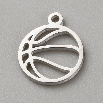 304 Stainless Steel Charms, Laser Cut, Basketball Charm, Stainless Steel Color, 12x10x1mm, Hole: 1.2mm
