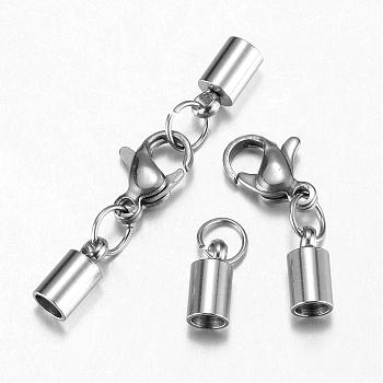 304 Stainless Steel Lobster Claw Clasps, with Cord Ends, Stainless Steel Color, 32mm