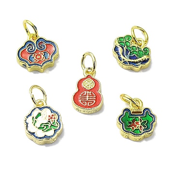 Rack Plating Brass Enamel Pendants, with Jump Ring, Long-Lasting Plated, Lead Free & Cadmium Free, Real 18K Gold Plated, Gourd & Auspicious Cloud Lock & Flower, Mixed Color, 8~11x6~9.5x2~2.5mm, Hole: 3.4mm