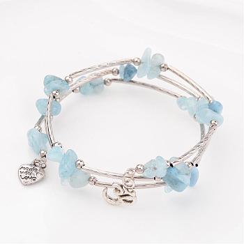 Three Loops Natural Aquamarine Beaded Wrap Bracelets, with Brass Tube Beads and Tibetan Style Om Symbol Pendants, 55mm