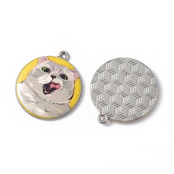 Printed Alloy Pendants, Platinum, Flat Round with Cat Charm, Yellow, 28x25x3mm, Hole: 1.8mm