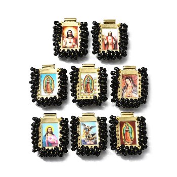 Barss Pendants, with Plastic Beads and Paper, Rectangle with Fantastic Saints, Cadmium Free & Nickel Free & Lead Free, Black, 27x22x6mm, Hole: 2.2mm