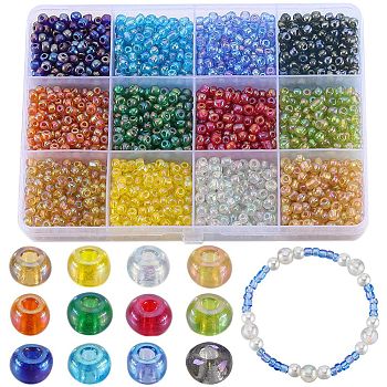 156G 12 Color 6/0 Glass Seed Beads, Transparent Colours Rainbow, Round, Mixed Color, 4mm, Hole: 1.5mm, 13g/color