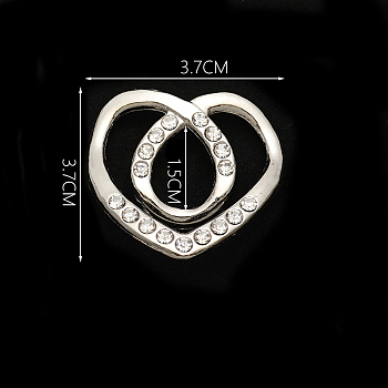 Alloy Buckles, with Crystal Rhinestone, for Strap Belt, Heart, Silver, 34.5x36.5x6mm, Hole: 16x12.5mm