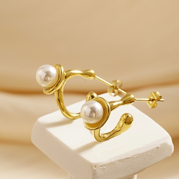 Stainless Steel Imitation Pearl C-shape Stud Earrings for Women