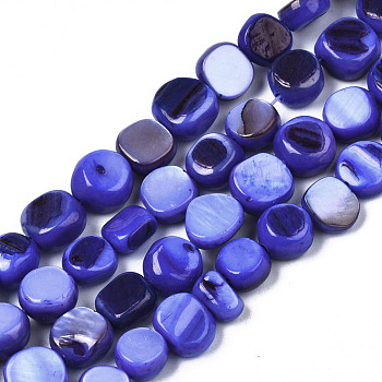 Natural Trochid Shell/Trochus Shell Beads Strands, Dyed, Flat Round, Medium Blue, 5~9x1~6mm, Hole: 1mm, about 49~50pcs/strand, 15.16 inch~15.87 inch(38.5cm~40.3cm)