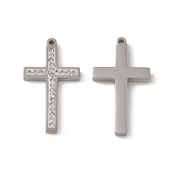 201 Stainless Steel Pendants, with Rhinestone, Cross Charm, Stainless Steel Color, 21x11.5x2mm, Hole: 1mm