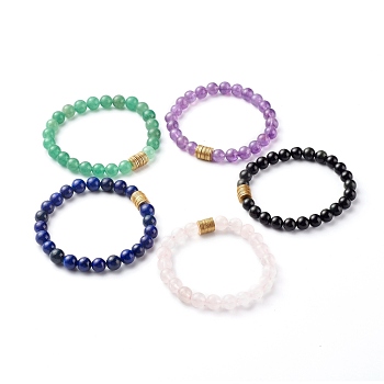 Natural Mixed Stone Stretch Bracelet,  with Brass Spacer Beads, Round, Inner Diameter: 2-1/8 inch(5.5cm)