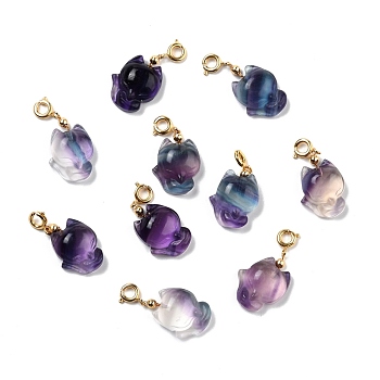 Natural Fluorite Carved Pendants, with Golden Plated Brass Findings, Fox, 21~22x15x6mm, Hole: 3.7mm