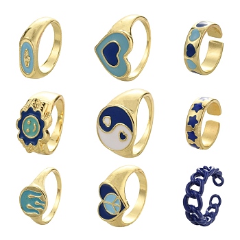 9Pcs 9 Style Alloy Enamel Signet Finger Rings and Cuff Rings Set, Smiling Face & Heart & Star & Yin Yang & Oval Pattern Finger Ring for Women, Cadmium Free & Lead Free, Light Gold, Blue, 5 1/2~8 1/2(16.1~18.5mm), 1pc/style