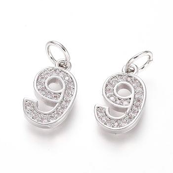 Brass Micro Pave Clear Cubic Zirconia Charms, with Jump Ring, Number, Platinum, Num.9, 12.5x7.5x2mm, Hole: 3mm