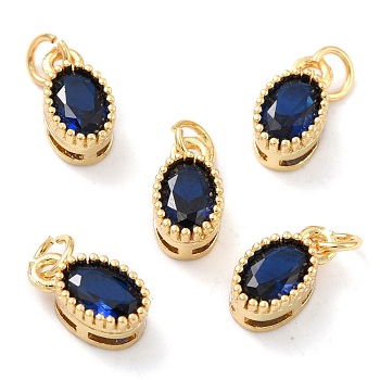 Real 18K Gold Plated Brass Inlaid Cubic Zirconia Charms, with Jump Ring, Long-Lasting Plated, Oval, Dark Blue, 9.5x5x4mm, Jump Ring: 4x0.5mm, 2.5mm Inner Diameter