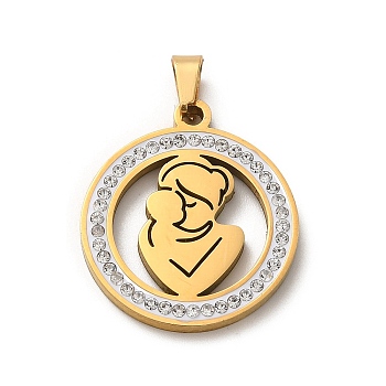 304 Stainless Steel with Rhinestone Pendants, Mom, for Mother's Day, Real 18K Gold Plated, 25x22x2mm, Hole: 6x3.2mm
