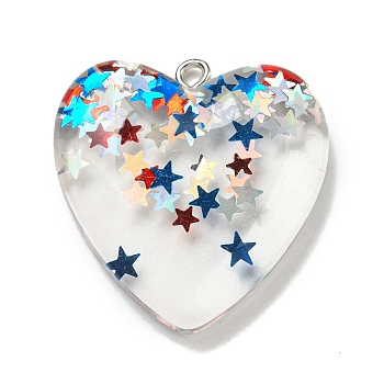 Independence Day Transparent Resin Pendants, with Paillettes & Platinum Plated Iron Loops, Colorful, Heart, 29.5x28x6.5mm, Hole: 2mm