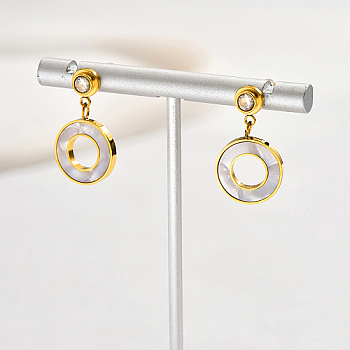 Cubic Zirconia Donut Dangle Stud Earrings, 304 Stainless Steel Earrings, Real 18K Gold Plated, 23x13mm