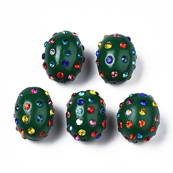 Polymer Clay Rhinestone Beads, Pave Disco Ball Beads, Oval, Dark Green, PP15(2.1~2.2mm), 16.5~18x13~14mm, Hole: 1mm