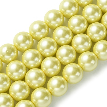 Eco-Friendly Glass Pearl Beads Strands, Grade A, Round, Dyed, Cotton Cord Threaded, Pale Goldenrod, 12mm, Hole: 1.2~1.5mm, about 34pcs/strand, 15.7 inch