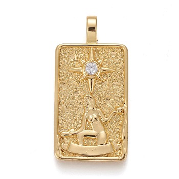 Brass Micro Pave Clear Cubic Zirconia Pendants, Real 18K Gold Plated, Tarot Card Charms, The Star, The Star XVII, 30x15x4mm, Hole: 3~4mm