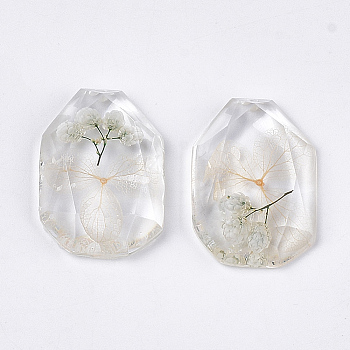 Resin Pendants, with Dried Flower Inside, Faceted, Octagon, Cornsilk, 29.5~30x20x6~7mm, Hole: 1.5mm