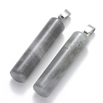 Natural Labradorite Pendants, with Platinum Tone Iron Pinch Bail, Column, 43~46x10mm, Hole: 4x7mm