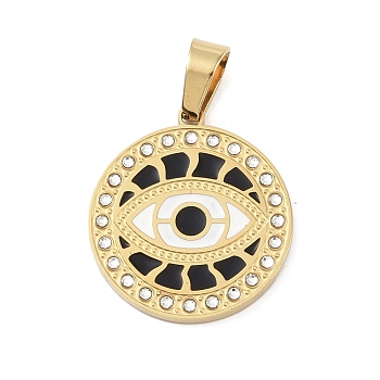 Ion Plating(IP) 304 Stainless Steel Enamel Rhinestone Pendants, Eye Charms, Real 18K Gold Plated, 23.5x21.5x2.5mm, Hole: 6.5x4mm