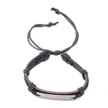 Leather Cord Bracelet for Men Women, Inspirational Word Rectangle Link Braided Adjustable Bracelet, Black, Inner Diameter: 2-1/4~3-3/4 inch(5.6~9.5cm)