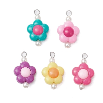 Two Tone Opaque Acrylic Beads with 304 Stainless Steel Flat Head Pins Pendants, Flower, Platinum, 27~27.5x16x9mm, Hole: 3mm