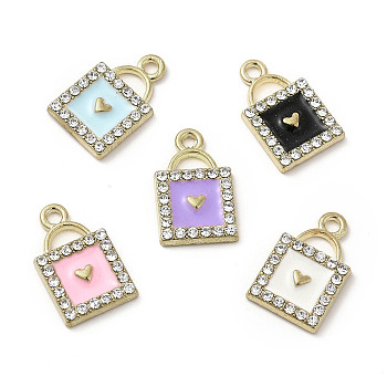 Alloy Enamel Pendants, with Crystal Rhinestone, Padlock with Heart Charms, Golden, Mixed Color, 18x11.5x2.5mm, Hole: 1.8mm