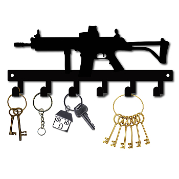 Iron Wall Mounted Hook Hangers, Decorative Organizer Rack with 6 Hooks, for Bag Clothes Key Scarf Hanging Holder, Gun Pattern, Gunmetal, 11.5x27cm